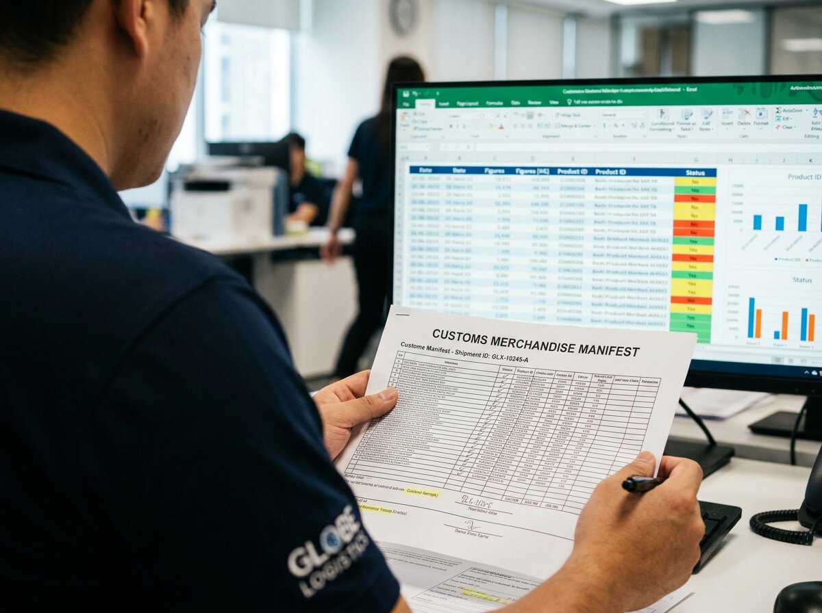 Logistik-Mitarbeiter vergleicht Excel mit Dokumenten, um das Vertrauen in KI in der Logistik wiederherzustellen.