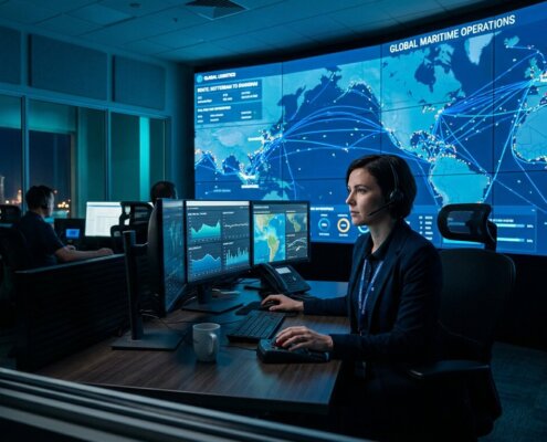 Operator in digitale controlekamer analyseert scheepvaartroutes; webresearch uitbesteden voor logistieke data.
