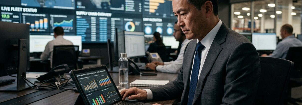 C-level executive analyseert overheadkosten opschalen dataverzameling in modern logistiek controlecentrum op tablet.