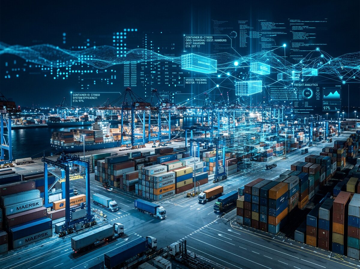Logistieke terminal met digitale data overlay illustreert overheadkosten bij opschalen dataverzameling.