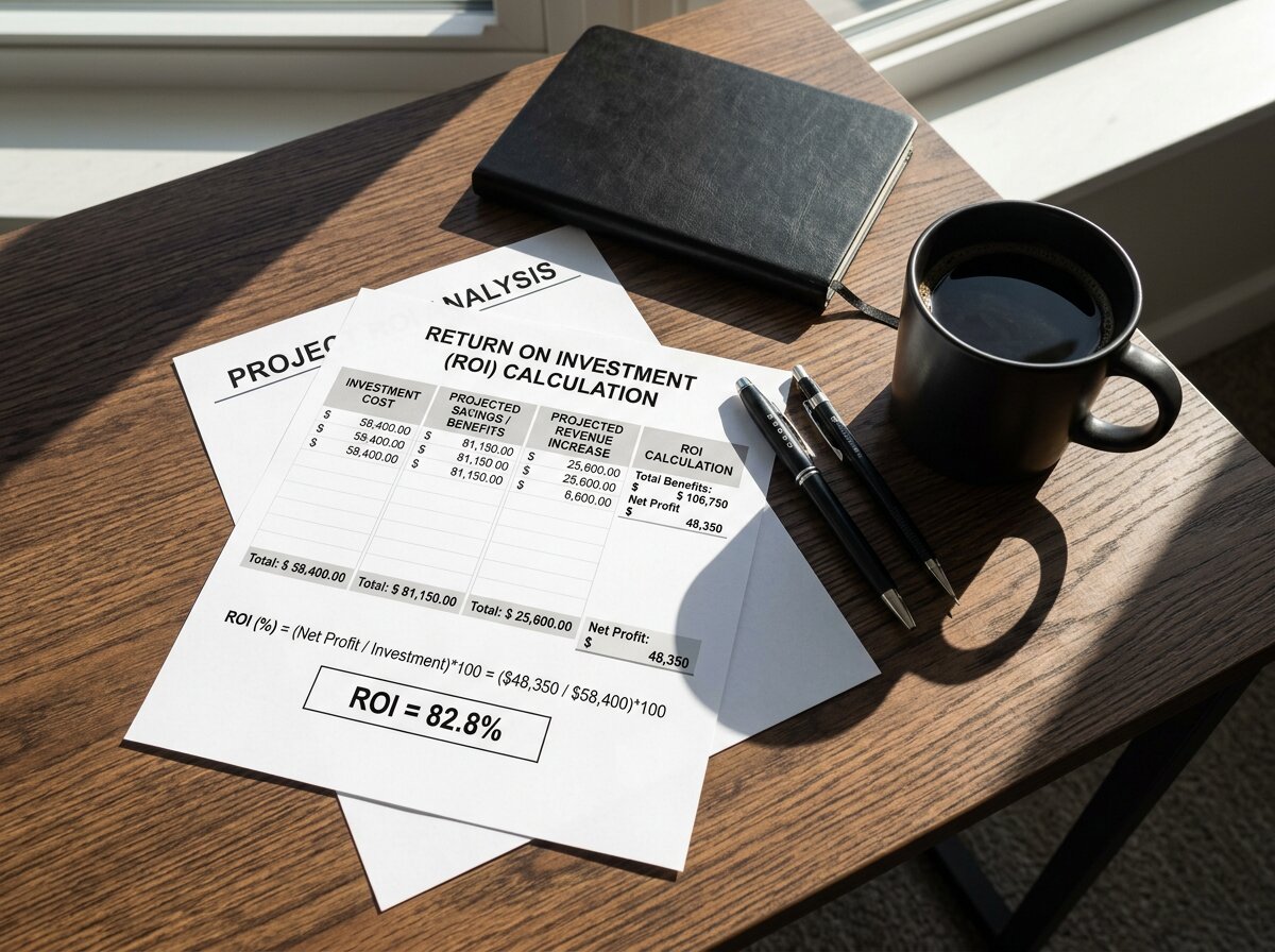 ROI-berekening op bureau met koffie toont overheadkosten bij opschalen dataverzameling in een kantooromgeving.