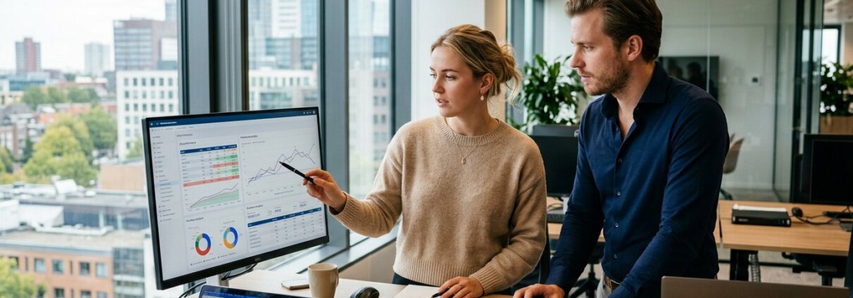Professionals in kantoor bekijken data om gefragmenteerde communicatie bij factuurverwerking te voorkomen.