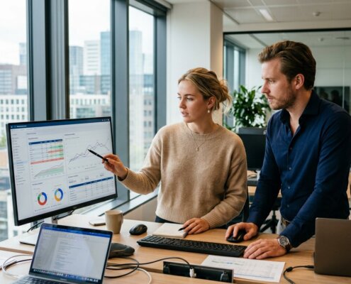 Professionals in kantoor bekijken data om gefragmenteerde communicatie bij factuurverwerking te voorkomen.