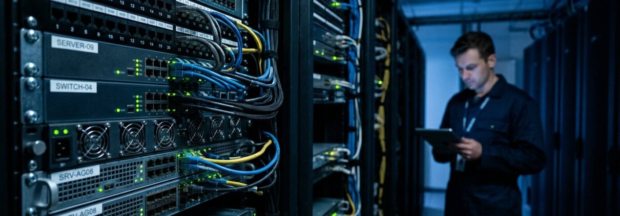 Modern serverrack in datacenter met IT-specialist die onderhoudskosten verouderde systemen logistiek analyseert.