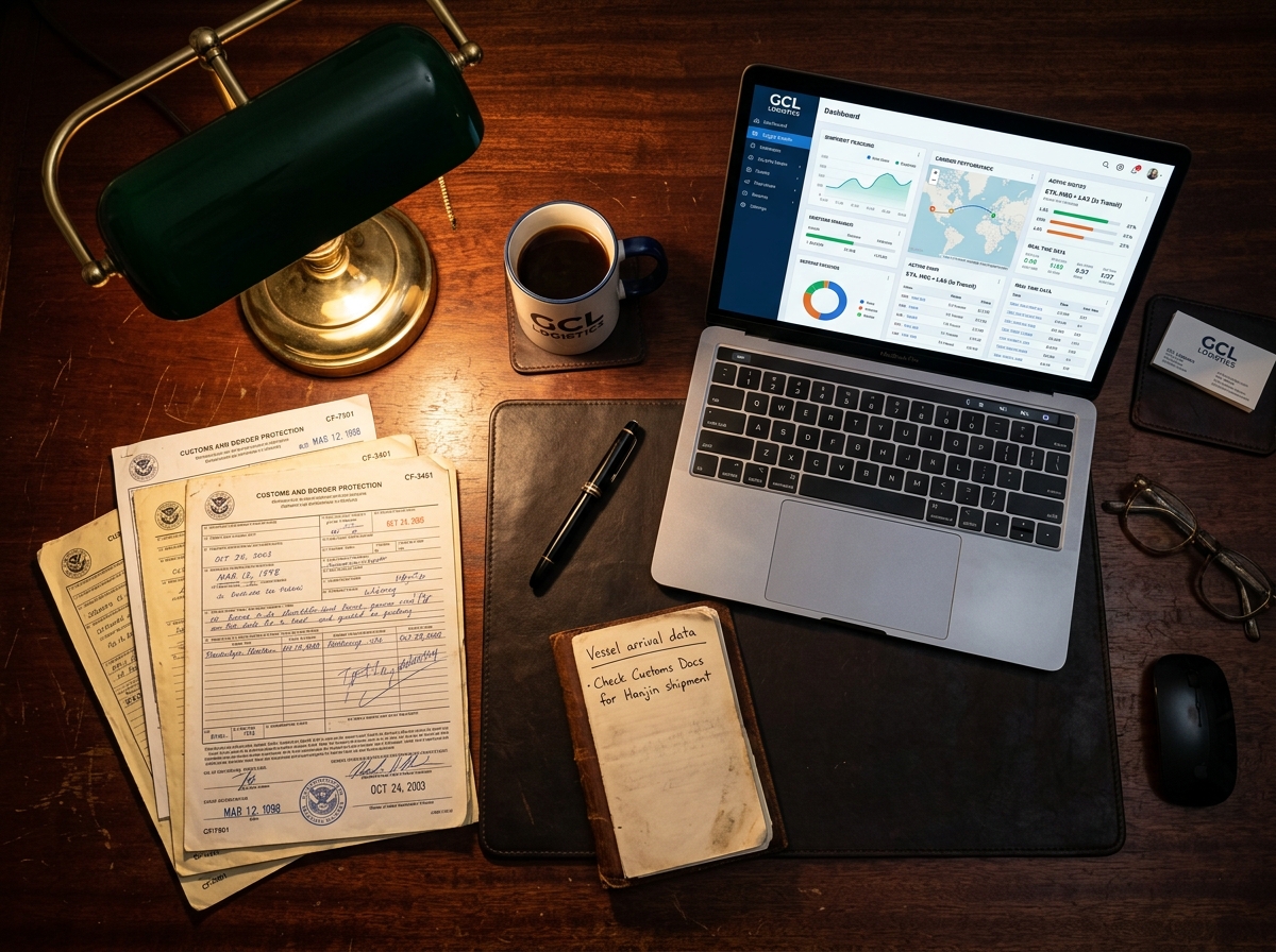 Laptop mit Cloud-Dashboard neben alten Zollformularen auf einem Schreibtisch; hohe Wartungskosten veralteter Logistiksysteme.