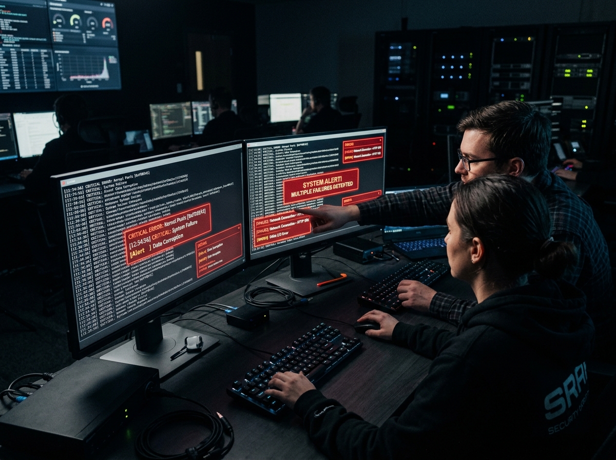 IT-beheerders analyseren foutmeldingen en onderhoudskosten verouderde systemen logistiek in een security center.