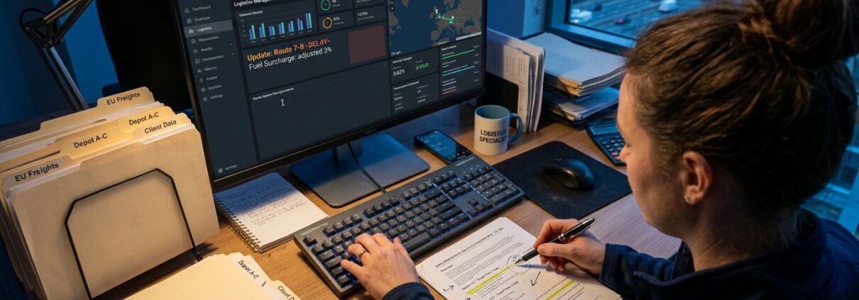 Specialist werkt aan LCL documentatie complexiteit op computerscherm met transportdossiers in modern kantoor.