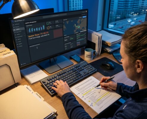 Specialist werkt aan LCL documentatie complexiteit op computerscherm met transportdossiers in modern kantoor.