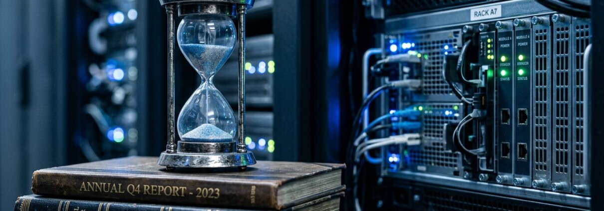 Metalen zandloper op grootboeken naast een server om de uitgestelde migratie kosten te visualiseren in een kantoor.