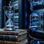 Metalen zandloper op grootboeken naast een server om de uitgestelde migratie kosten te visualiseren in een kantoor.