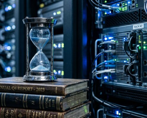 Metalen zandloper op grootboeken naast een server om de uitgestelde migratie kosten te visualiseren in een kantoor.