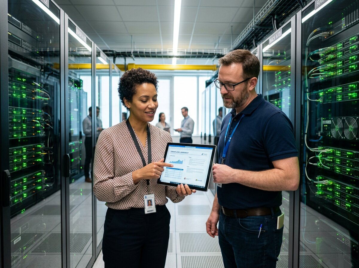 IT-professionals in een datacenter bekijken contracten voor uitgestelde migratie kosten bij een serverruimte.