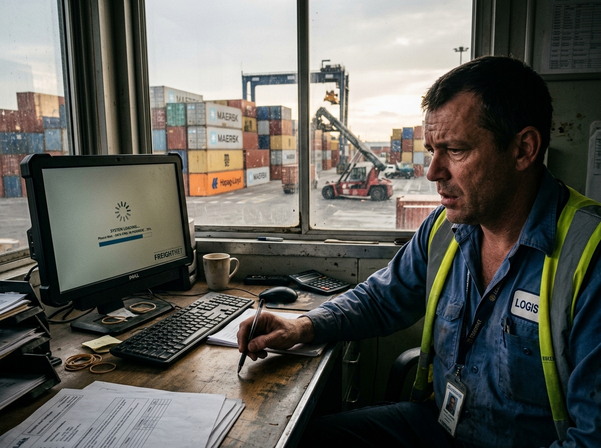 Gefrustreerde logistiek medewerker bij traag scherm door uitgestelde migratie kosten in een havenomgeving.