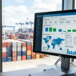 Logistiek dashboard met metrics voor de SLA dataverwerking uitbesteden tegen achtergrond van zeecontainers.
