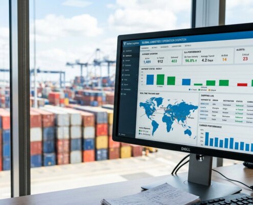 Logistiek dashboard met metrics voor de SLA dataverwerking uitbesteden tegen achtergrond van zeecontainers.