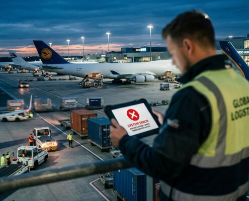 Logistiek medewerker bij vliegveld terminal met een foutmelding door incomplete documenten luchtvracht administratie