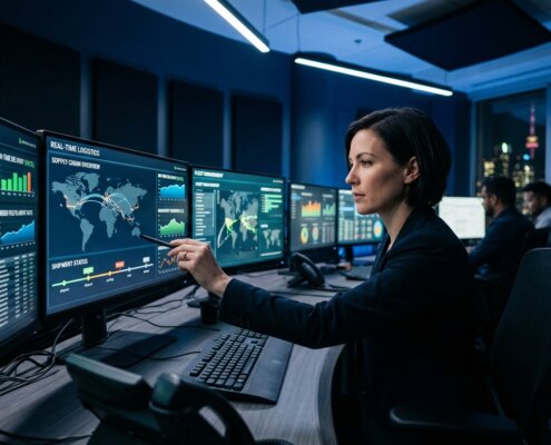 Dashboard met logistiek supply chain overzicht in een modern kantoor, gerelateerd aan vaste personeelskosten logistiek.