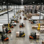 Logistiek magazijn met heftrucks en pallets om knelpunten cross-docking administratie te voorkomen in terminals.