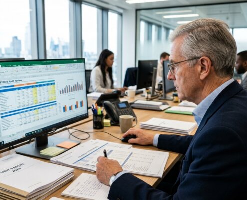 Senior auditor onderzoekt financiële administratie op ontbrekende auditdocumentatie in een modern kantoorpand.