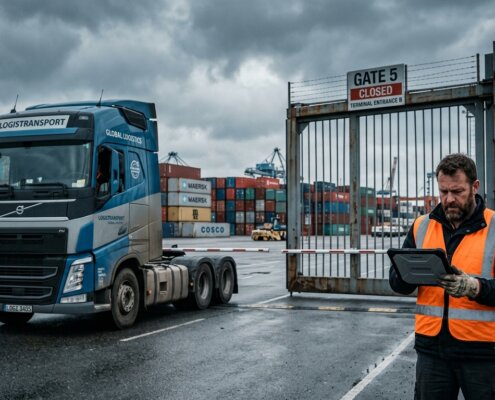 Havenmedewerker controleert tablet bij vrachtwagen om fouten in dangerous goods documentatie te voorkomen.