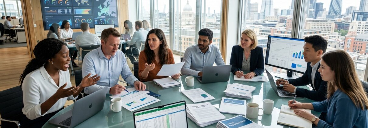Analisten bespreken documenten in een kantoor over data validatie AI uitbesteden of in-house beheer.