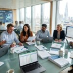 Analisten bespreken documenten in een kantoor over data validatie AI uitbesteden of in-house beheer.