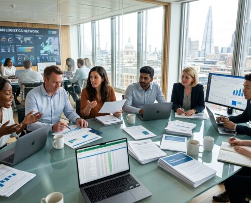 Analisten bespreken documenten in een kantoor over data validatie AI uitbesteden of in-house beheer.