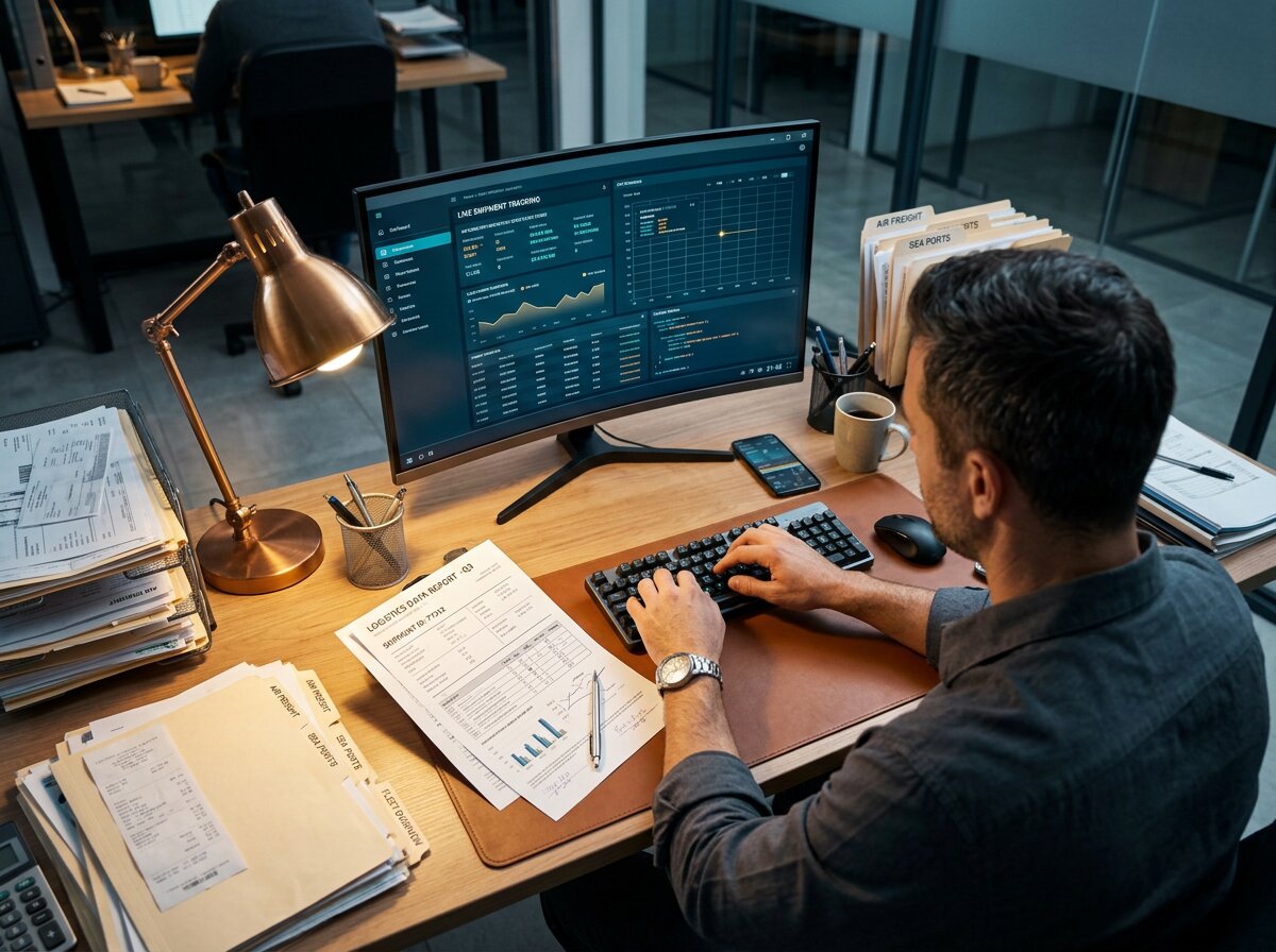 Spezialist korrigiert die Verarbeitung von Containerdokumenten im Büro mit Stift und Software an einem modernen Schreibtisch.