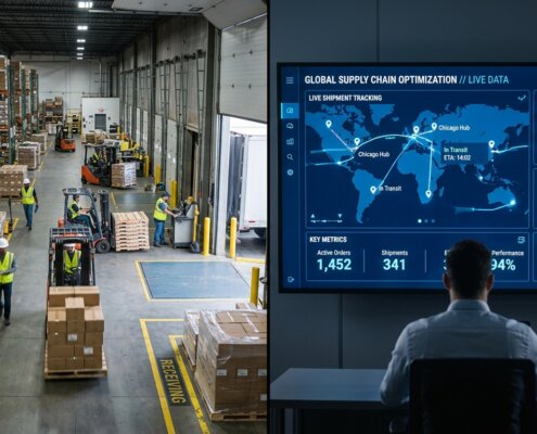 Magazijn met pallets naast een digitaal dashboard voor efficiënte goedereningang administratie en data-entry.