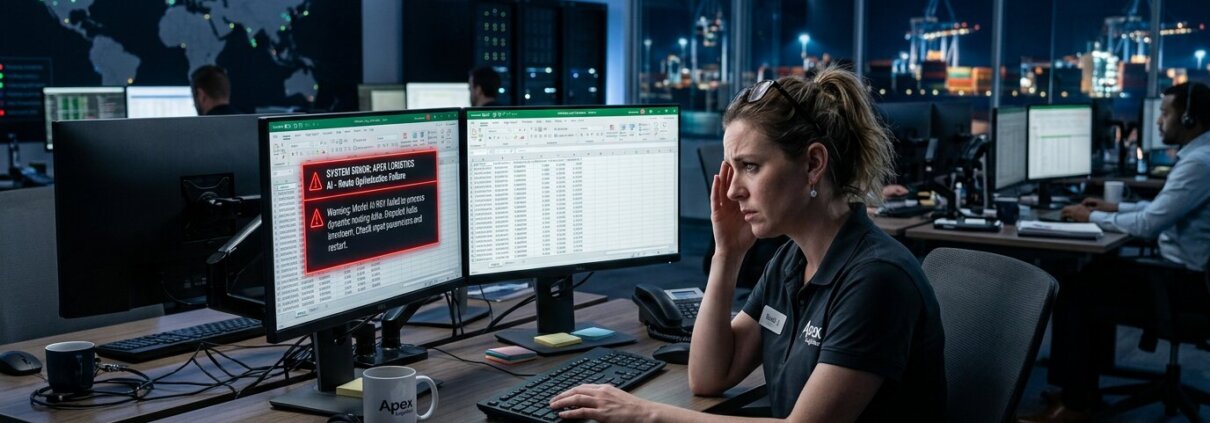 Logistics coordinator opening Excel after an AI error, highlighting the need to rebuild trust in logistics AI.