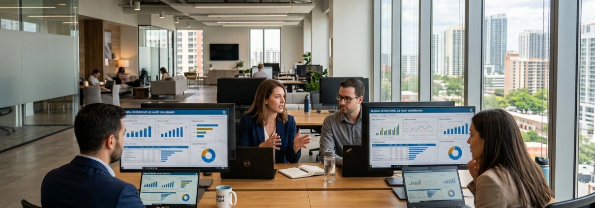 Lösungen zur Vorbereitung auf Finanzprüfungen: Team arbeitet im modernen Büro an digitalen ISAE-Prüfungsdossiers.