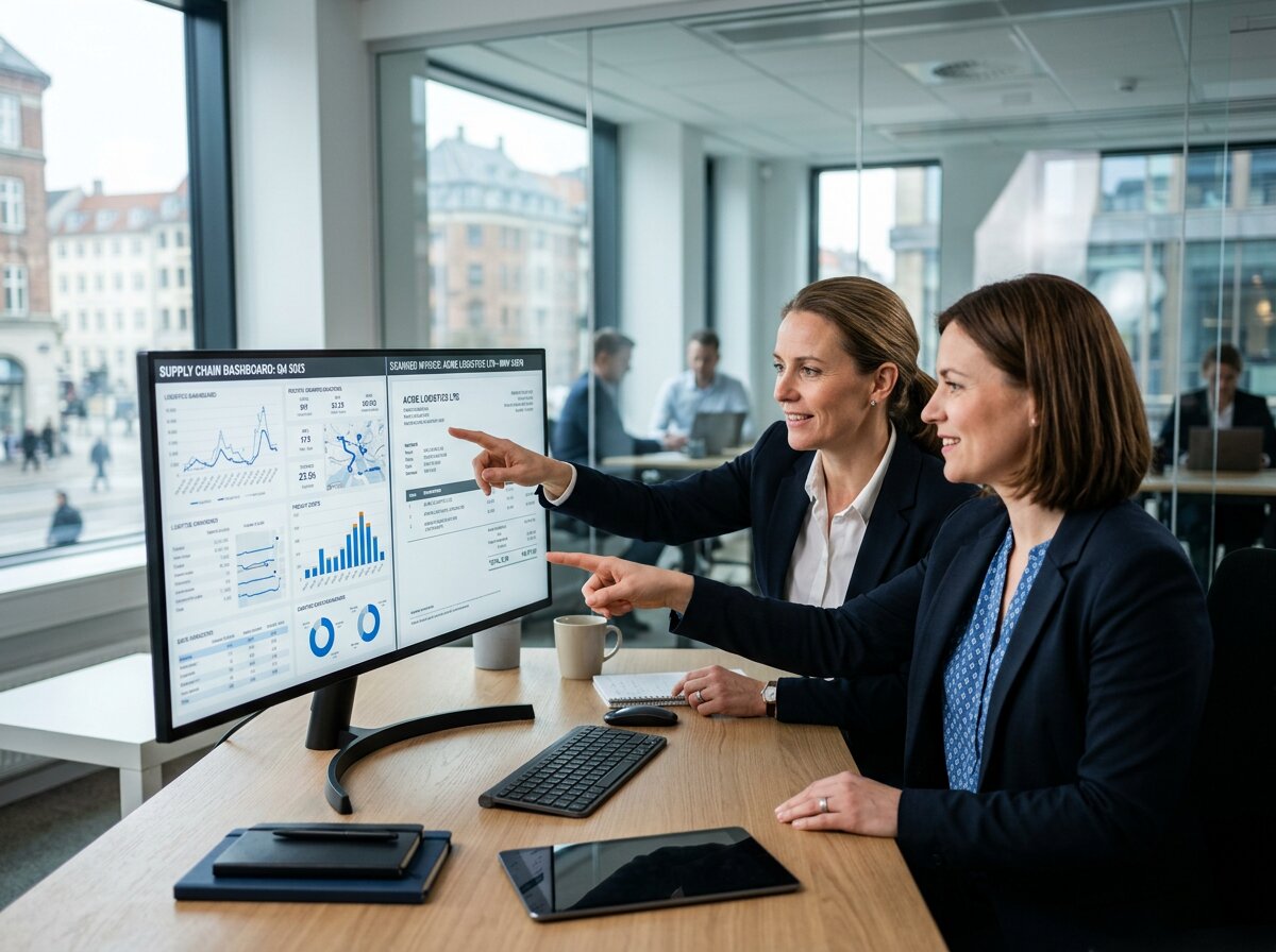Financial controllers analyzing supply chain data and an invoice to resolve freight overbilling in a modern office.