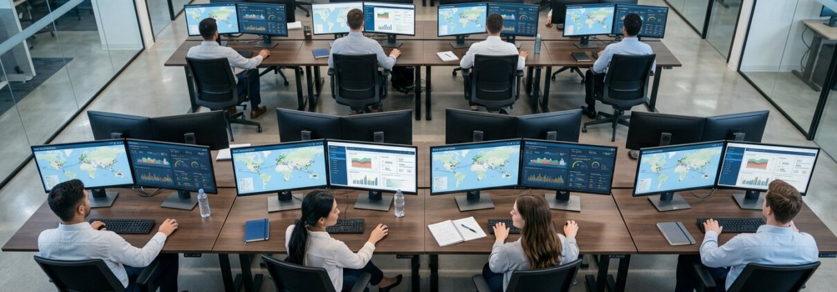 Data-analisten in een logistiek controlecentrum beheren een TMS data migratie logistiek via moderne dashboards.