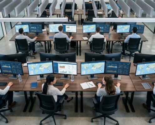 Data-analisten in een logistiek controlecentrum beheren een TMS data migratie logistiek via moderne dashboards.