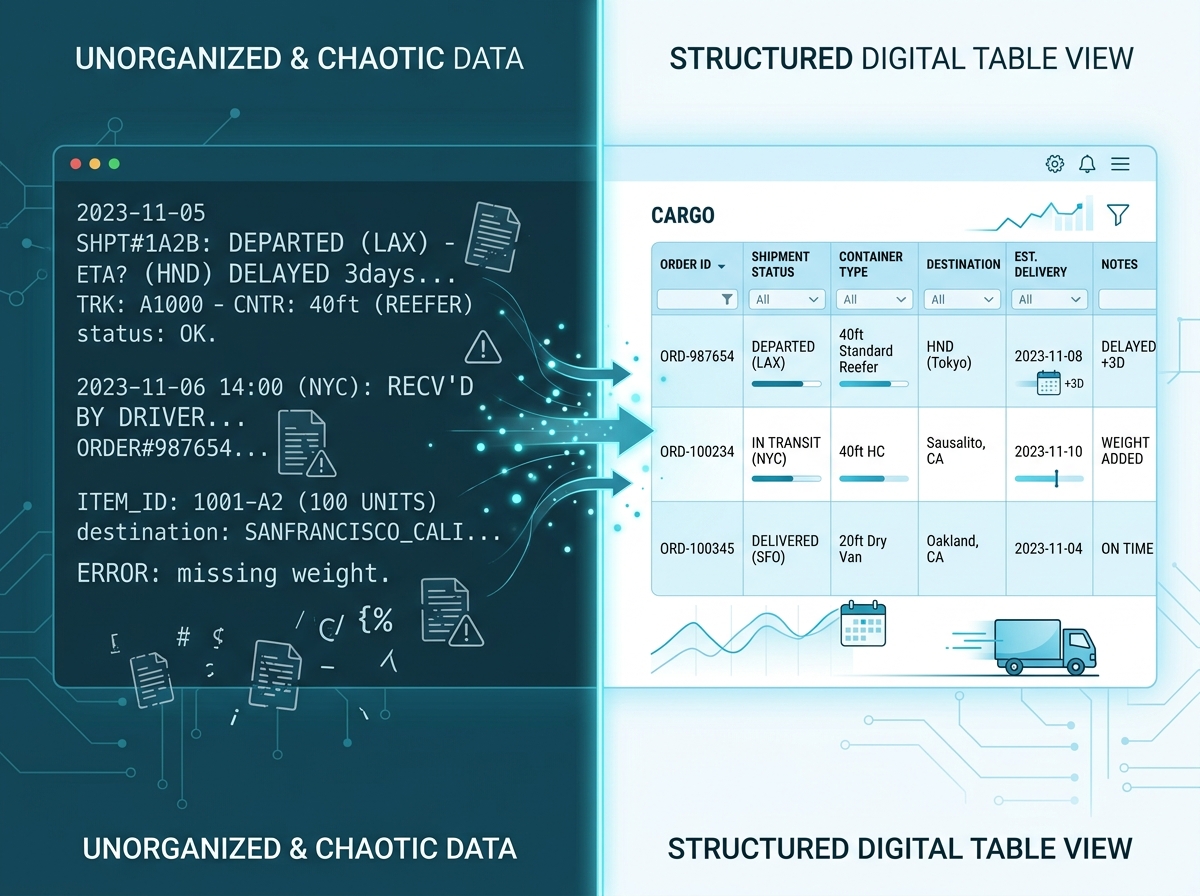 Visualization of messy logistics data transforming into a structured table for a logistics TMS data migration.