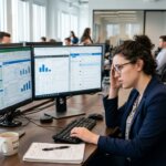 Gestresste business analyst bij dubbel scherm voorkomt verborgen kosten handmatige webresearch door efficiëntie.
