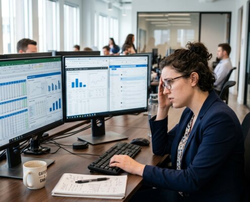 Gestresste business analyst bij dubbel scherm voorkomt verborgen kosten handmatige webresearch door efficiëntie.