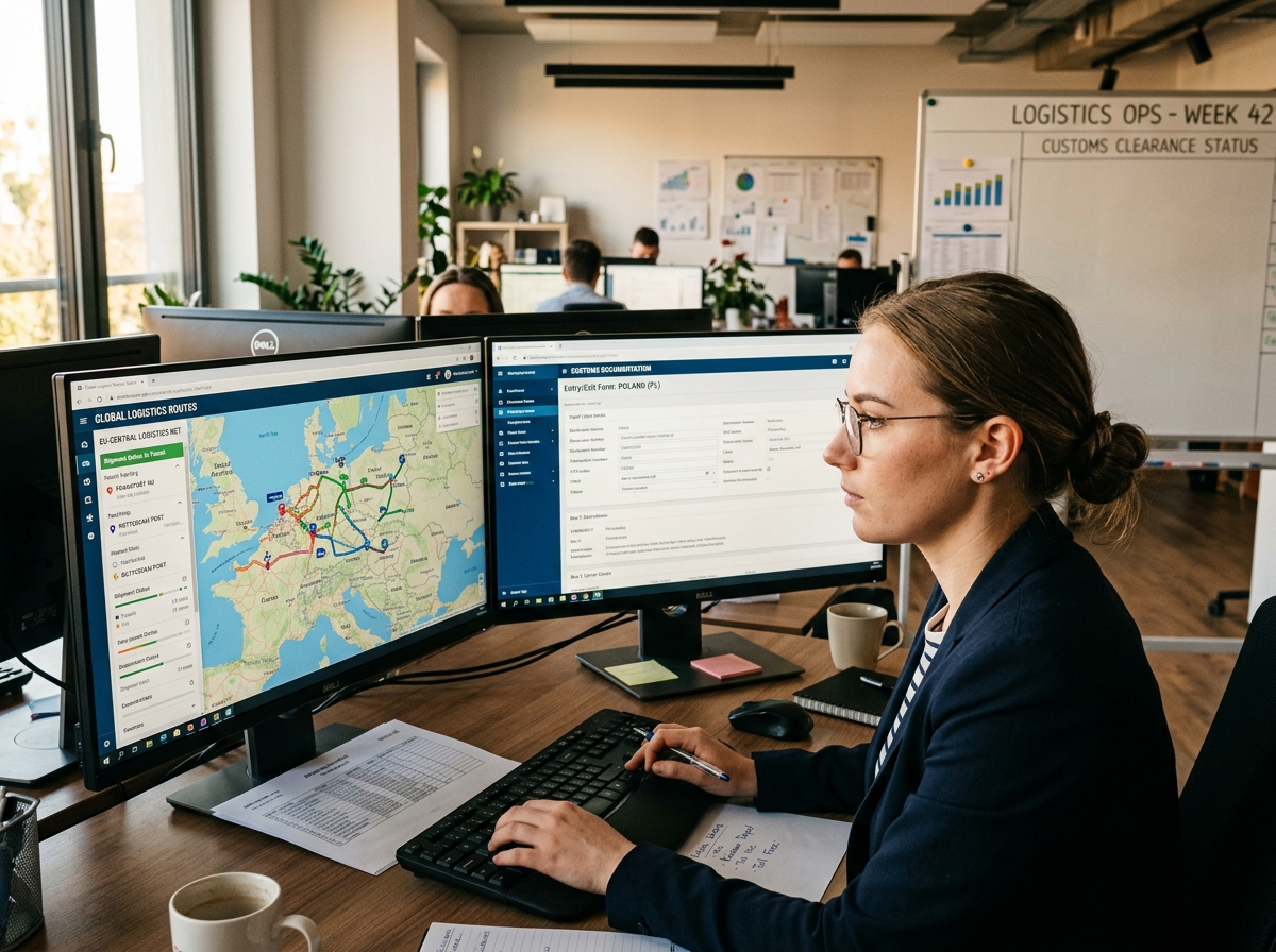 Gefocuste medewerker werkt aan een soepele transitie backoffice uitbesteden met logistieke routes op twee schermen.