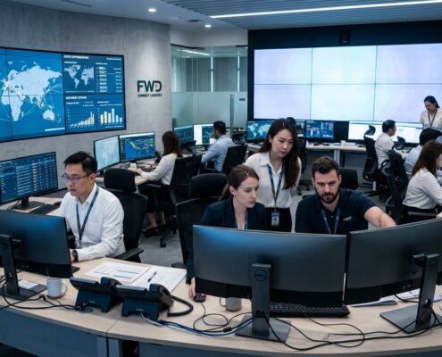 Logistieke experts in een controlekamer analyseren data om margeverlies door de zeevrachtcalculatie te voorkomen.