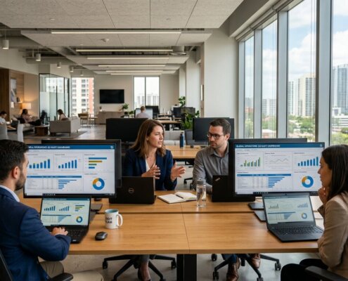 Financiële audit voorbereiding oplossingen: team werkt in modern kantoor aan digitale ISAE-controledossiers.