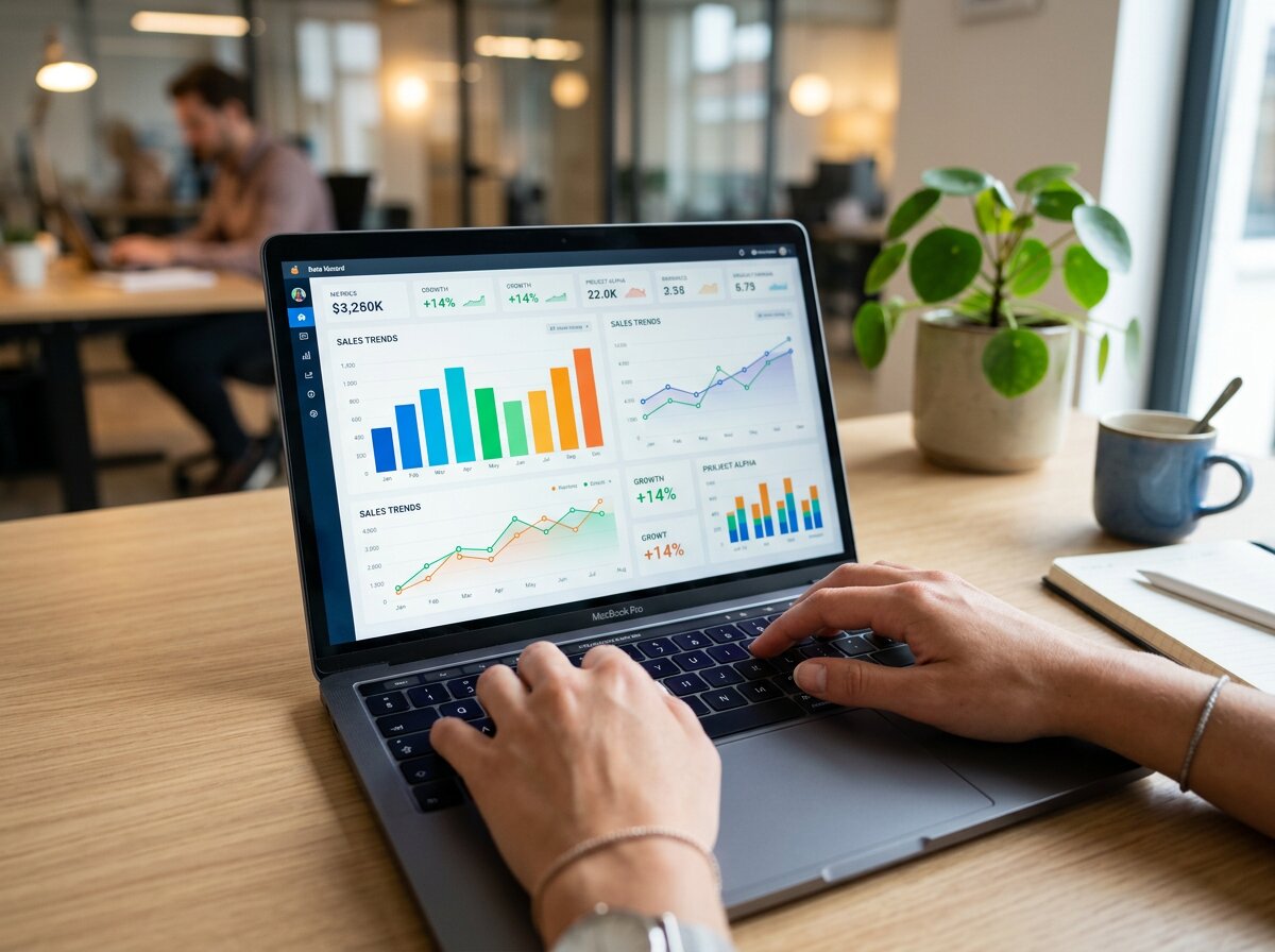 Person tippt am Laptop mit Datendiagrammen für Lösungen zur Vorbereitung auf Finanzprüfungen in einem modernen Büro.