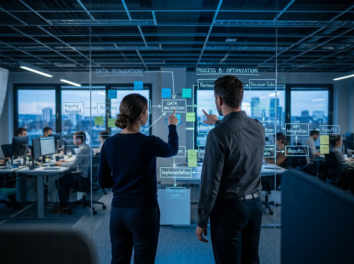 Kollegen analysieren Flowcharts an einer Glaswand bezüglich Lösungen zur Vorbereitung auf Finanzprüfungen im Büro.