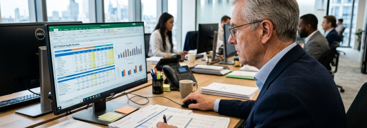 Senior auditor examining financial administration for missing audit documentation in a modern corporate office.