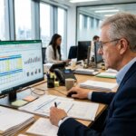 Senior auditor examining financial administration for missing audit documentation in a modern corporate office.