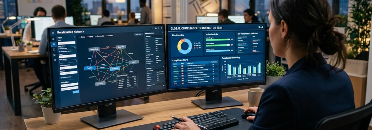 Analyst prüft CDD-Risiken durch unvollständige Kundendaten auf Dashboards mit Unternehmensstrukturen und Compliance-Grafiken.