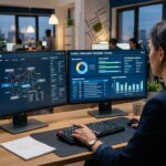 Analyst prüft CDD-Risiken durch unvollständige Kundendaten auf Dashboards mit Unternehmensstrukturen und Compliance-Grafiken.