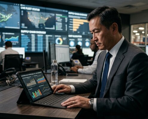 C-level executive analyzing the overhead costs of scaling data collection in a modern logistics control room on a tablet.
