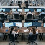 Data analysts in a logistics control room managing a logistics TMS data migration via modern dashboards.