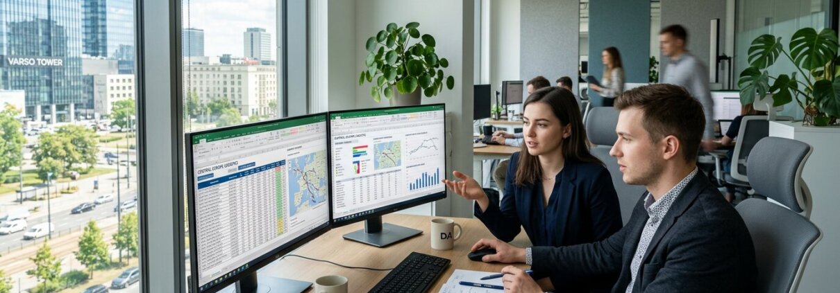 Datenanalysten in einem modernen Büro, die komplexe Frachtbriefe an Doppelbildschirmen bei Tageslicht verarbeiten.