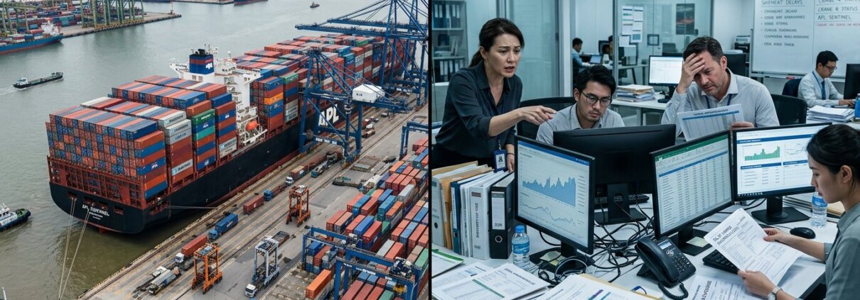 Große Containerschiffe in einem Hafen neben einem Team, das in der Hochsaison die Seefracht-Administration im Büro bearbeitet.
